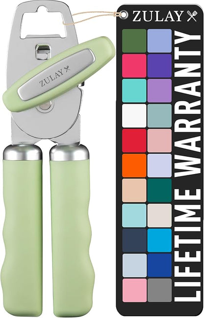 Zulay Kitchen Heavy Duty Stainless Steel Can Opener Manual with Bottle Opener - Rust Proof Manual Can Opener With Turn Knob & Comfy Soft Grip Handles - Pistachio