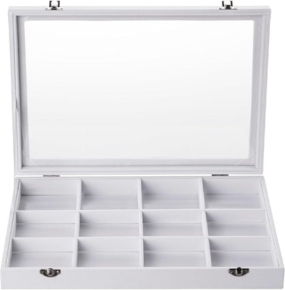 Frebeauty Velvet Jewelry Tray,12 Grid Jewelry Organizer with Clear Lid,Bracelets Holder,Jewelry Display Case with Clasp,Drawer Insert Bangle Brooch,13.8 x 9.5 x 2 Inches,Gift for Women Girls(White)