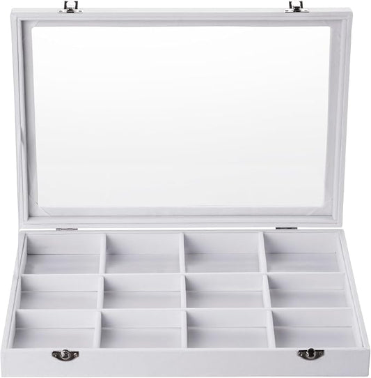 Frebeauty Velvet Jewelry Tray,12 Grid Jewelry Organizer with Clear Lid,Bracelets Holder,Jewelry Display Case with Clasp,Drawer Insert Bangle Brooch,13.8 x 9.5 x 2 Inches,Gift for Women Girls(White)