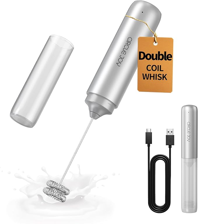 CIRCLE JOY Rechargeable Milk Frother Hanheld, Dual Coil Whisk Head Electric Coffee Frother, Portable Hand Frother Wand Drink Mixer for Matcha Lattes Cappuccino, Kitchen Gifts, Silver