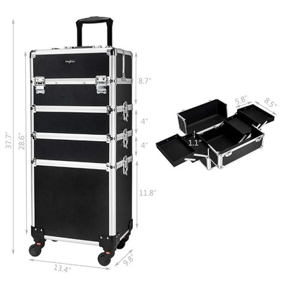 mefeir 4 in 1 Rolling Makeup Train Case, Aluminum Makeup Travel Organizer Cosmetic Case, Cosmetology Display Suitcase on Wheels, Beauty Storage Luggage Lockable w/4 Removable Wheels (Black)