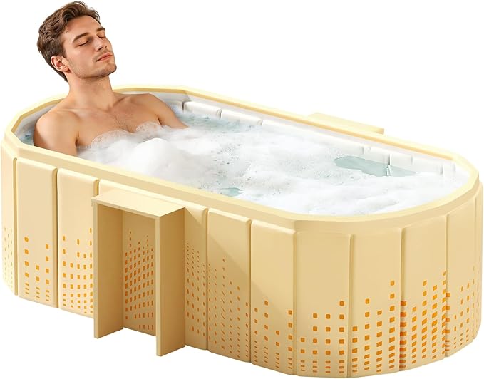 Portable Foldable Bathtub, Freestanding Bathtub No Installation, Bathroom SPA Soaking Bath Tub, Shower Stall Collapsible Hot & Ice Bath Tub (Yellow with Storage Rack, 59"L x 21.6"W x 19.6"H)