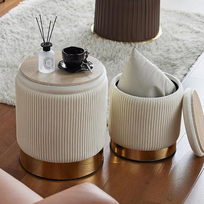 Velvet Round Ottoman Set of 2 with Storage 12 Gallon Capacity - Multi-Functional Stool for Living Room, Footrest, Vanity Seat, Coffee Table, Sturdy 300lb Capacity（Cream White）