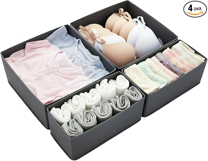 Drawer Organizer for Clothes & Underwear - 4-Pack Fabric Storage Bins with Zipper Bottom | Bra Drawer Organizer & Sock Organizer for Dresser - Foldable Baby Clothes Organizer Set, Grey