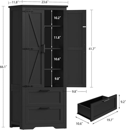 TEENFON 66.2" H Storage Cabinet, Farmhouse Kitchen Pantry Cabinet with 2 Drawers & Adjustable Shelf, Bathroom Cabinet, for Living Room, Kitchen, Bathroom, Black