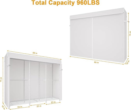 ULIFHOME E14C Pro Heavy Duty Closet Organizer System，Freestanding Clothing Racks for Hanging Clothes，Adjustable Garment Rack 69" W × 16" D × 77" H Hold 960 lbs，White Rack with White Dustproof Cover