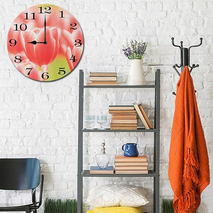 Pink Tulip Wall Clock 10 Inch Wooden Battery Operated Autumn Forest Maple Leaves Wall Clocks Decorative Indoor,Decorative for Kitchen Bathroom Bedroom