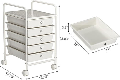 5-Tier Rolling Cart with 5 Drawers, Rolling Utility Cart with 2 Lockable Caster Wheels, Multipurpose Mobile Rolling Storage Drawer Cart for Office Bathroom Kitchen, Ivory White