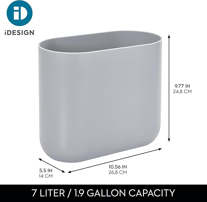 iDesign Small Slim Plastic Bathroom Trash Can, Garbage Can for Bedroom, Office, Desk, Dorm, Gray