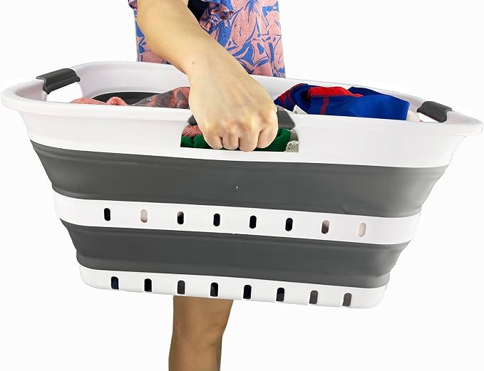 SAMMART 42L (11 gallons) Set of 2 Plastic Foldable Storage Basket/Container - Collapsible, Space Saving and Portable Laundry Hamper, Ideal for Home, Travel, Dorm, and Camping (2, White/Steel Grey)