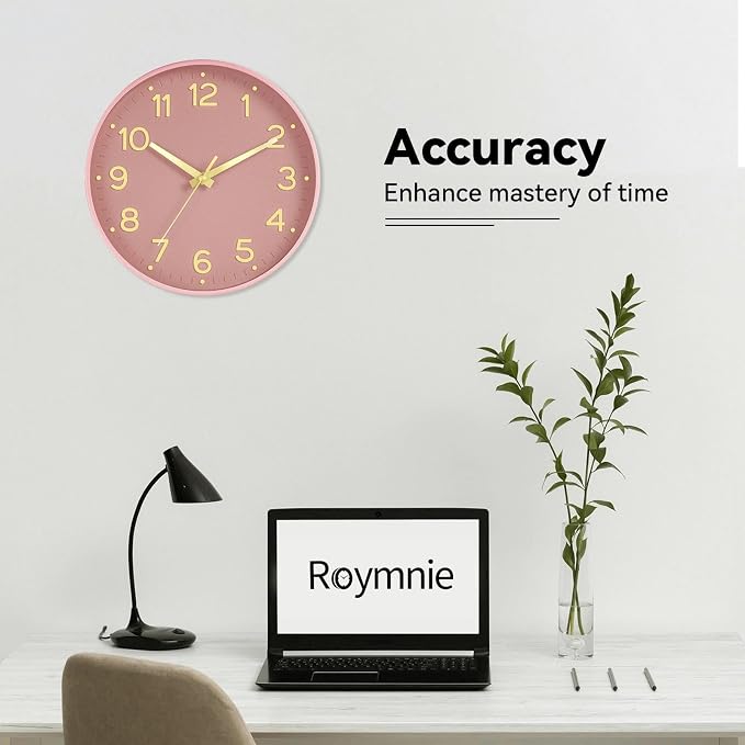 Roymnie Wall Clock 12 Inch Silent Wall Clocks Battery Operated-Modern Non Ticking Analog Clock Decorative for Kitchen Bedroom Office (Pink Gold)