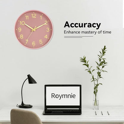 Roymnie Wall Clock 12 Inch Silent Wall Clocks Battery Operated-Modern Non Ticking Analog Clock Decorative for Kitchen Bedroom Office (Pink Gold)