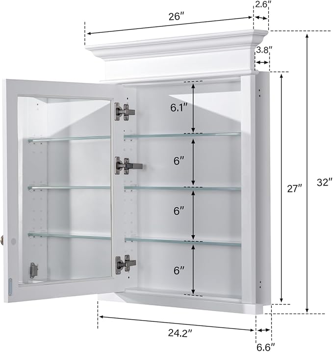 WELLFOR 26"x 32" Bathroom Medicine Cabinet with 3-Tier Adjustable Glass Shelves, Recessed Solid Wood Medicine Cabinet with Mirrors and Soft-Close Door