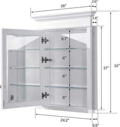 WELLFOR 26"x 32" Bathroom Medicine Cabinet with 3-Tier Adjustable Glass Shelves, Recessed Solid Wood Medicine Cabinet with Mirrors and Soft-Close Door