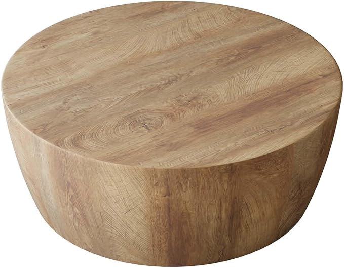 29.5" Round Coffee Table, Convertible Rustic Coffee Table Table with Wooden Veneer, Drum Coffee Table for Living Room, MDF, Already Assembled
