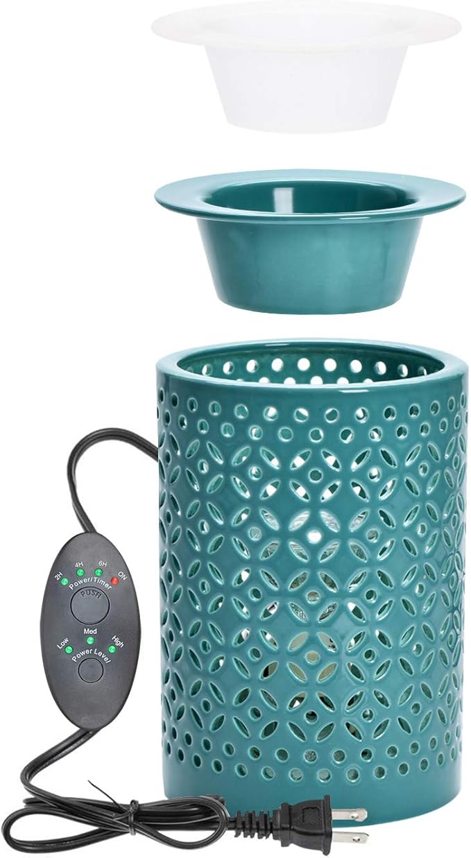 ASAWASA Ceramic Wax Melt Warmer with Timer and 1 pc Silicone Dish,Candle Wax Warmer for Scented Wax & Essential Oils,Ideal Gift for Home Office Kitchen Long Cyan