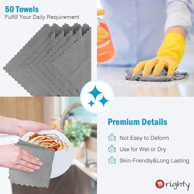 Orighty Microfiber Cleaning Cloth Bulk, 50 Pack Shop Towels, Reusable Cleaning Rags, Lint Free Microfiber Towels for Cars, Home & Kitchen, 12x12 Inch, Grey