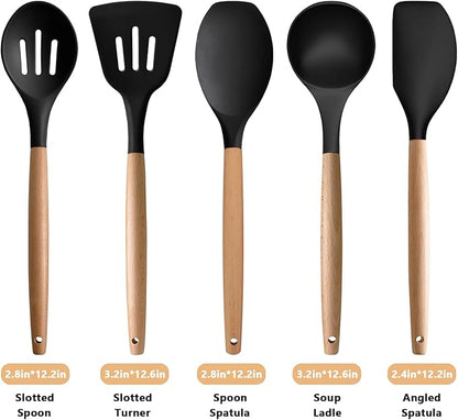 IOCBYHZ Silicone Cooking Utensils Set of 5, Heat Resistant Silicone Kitchen Utensils Set with Wooden Handle, BPA Free Spatula Spoon Turner Ladle Cooking Kitchen Gadgets for Nonstick Cookware & Baking