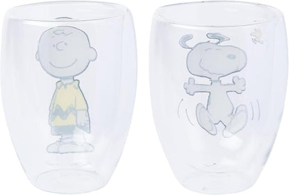 Silver Buffalo Peanuts 2 Piece Double Walled Glass Set Featuring Snoopy, Woodstock, and Charlie Brown, 12.5 Ounces