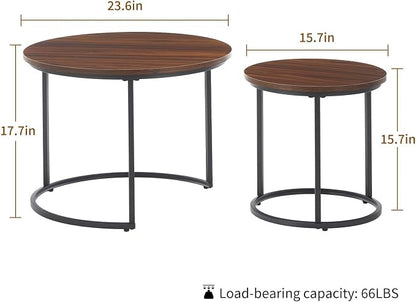 Round Nesting Coffee Table Set of 2, Modern Marble Pattern Wooden Nesting Tables, Stacking Minimalist End Table for Living Room Bedroom Small Space, (Black Leg+Brown top)