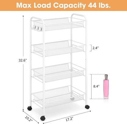 TOOLF 4-Tier Rolling Cart, Metal Utility Cart with 3 Hooks, Easy Assemble Mobile Storage Trolley On Wheels, Metal Shelving Units Kitchen Bathroom Laundry Room