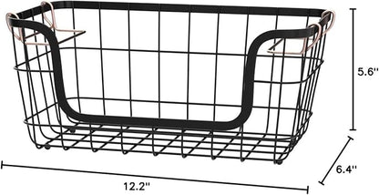 Amazon Basics Stackable Metal Wire Rectangular Storage Basket Set for Kitchen or Bathroom, 2 Count, Black