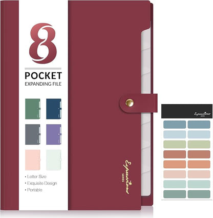 Sooez Elegant Accordion File Organizer with Labels, 8 Pocket Expanding File Folder, Portable Folders for Documents, Cute Paper Organizer for School Office Supplies, Letter Size, Burgundy