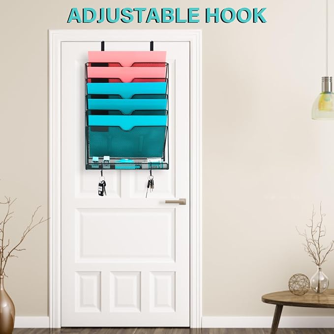 GALASALA Wall File Organizer, 6 Pockets Mesh Hanging File Organizer, Wall Mount File Holder With Hooks, Wall Organizer Magazine Rack for Office Supplies, Black