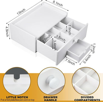 Cinnvoice Tea Bag Organizer Wood Tea Organizer Storage Box 8 Compartments Container Holder with Lid to Storage and Keep Fresh(White)