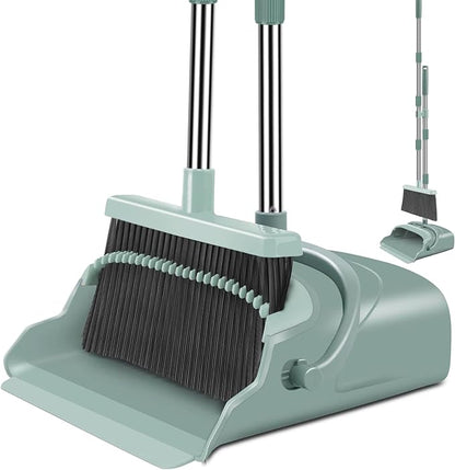 Upgrade Broom and Dustpan Set, Large Size and with Long Handle, Upright,Ideal for Indoor Outdoor Garage Kitchen Room Office Lobby Use (Green)