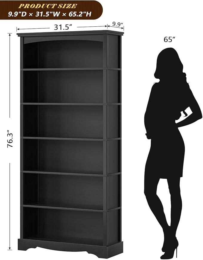 TVU 6-Tier Wooden Bookshelf, 76 Inch Tall Bookshelf with Storage, Floor Standing Modern Style Display Bookcase for Living Room, Office, Study Room, Entryway, Black