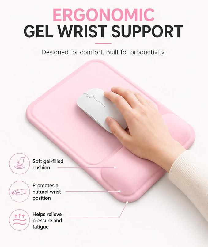 eulps Ergonomic Mouse Pad with Wrist Rest, Gel Mousepad with Soft Wrist Support, Non-Slip PU Base, Smooth Surface Mouse Pad for Wrist Pain Relief, Computer Laptop Office Home & Gaming (Pink)