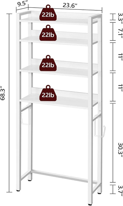 MAHANCRIS Over The Toilet Storage Rack, 4 Tier Bathroom Organizer Over Toilet, Freestanding Space Saver Toilet Stand with 2 Hooks, Bathroom Storage Shelf, Easy to Assemble, White TSBW0401
