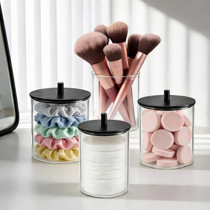 Glass Qtip Holder Dispenser Set - 15oz & 10oz Cotton Swab Holder with Black Wooden Lids, Bathroom Canisters Apothecary Jar Vanity Storage Organizer for Cotton Balls, Floss Picks (4 Pack)