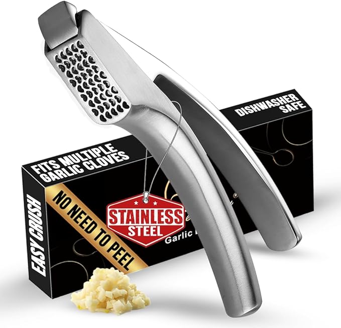 Lifetime Replacement Garlic Press Stainless Steel No Need to Peel, Detachable Handle for Coarse Mincing - Premium Garlic Mincer Tool, Rust-Proof, Easy to Clean, Dishwasher Safe Garlic Crusher