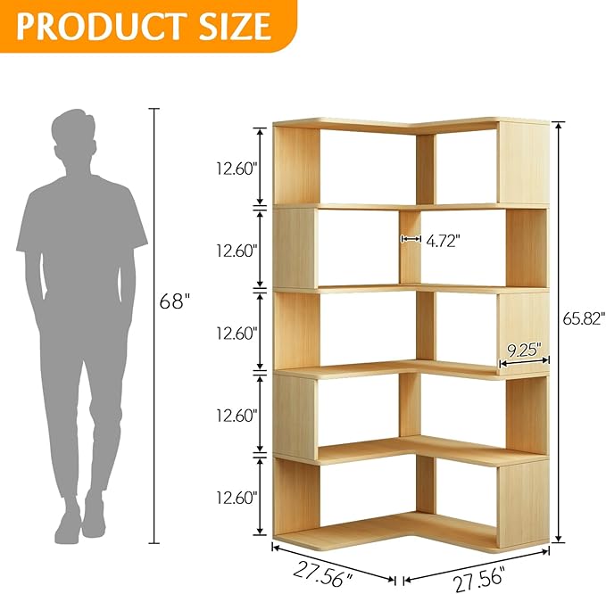 IOTXY 6-Tier L-Shaped Corner Bookshelf - 66" Tall Wooden Freestanding Bookcase with Open Shelf Units, Oak