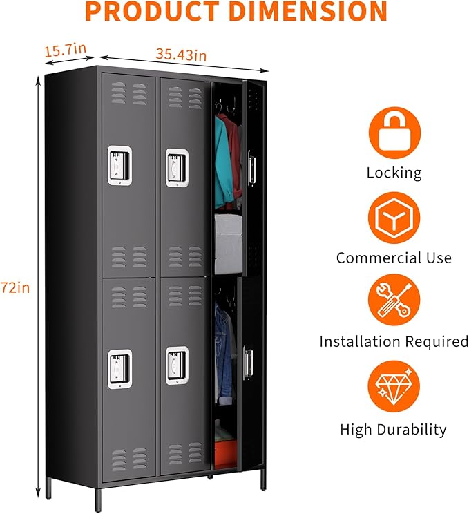 Metal Storage Locker with 6 Doors, Metal Locker for Employees with 18 Hooks for Garage School Office Gym Home, Assembly Required, Black