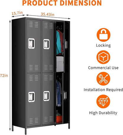Metal Storage Locker with 6 Doors, Metal Locker for Employees with 18 Hooks for Garage School Office Gym Home, Assembly Required, Black
