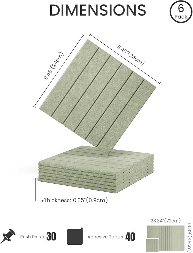 Fluxynara Felt Bulletin Board Tiles -28"x18" with 40 Adhesive Tabs, Cork Board Alternative for Office Decor, Push Pin Board Wall Organizer 6-Pack (Sage)
