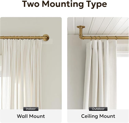 Zeerobee Curtain Rods for Windows 32 to 48, 1 Inch Industrial Wrap Around Warm Gold Curtain Rod, Indoor/Outdoor Room Divider Adjustable Drapery Pole, 32"-48"
