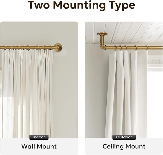 Zeerobee Curtain Rods for Windows 72 to 144, 1 Inch Industrial Wrap Around Warm Gold Curtain Rod, Indoor/Outdoor Room Divider Adjustable Drapery Pole, 72"-144"