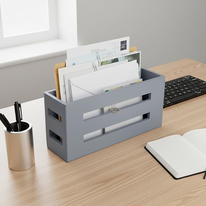 Magazine File Holder, Standing Wooden Magazine Rack, Desk Folder Organizer for Office & Bathroom-Gray