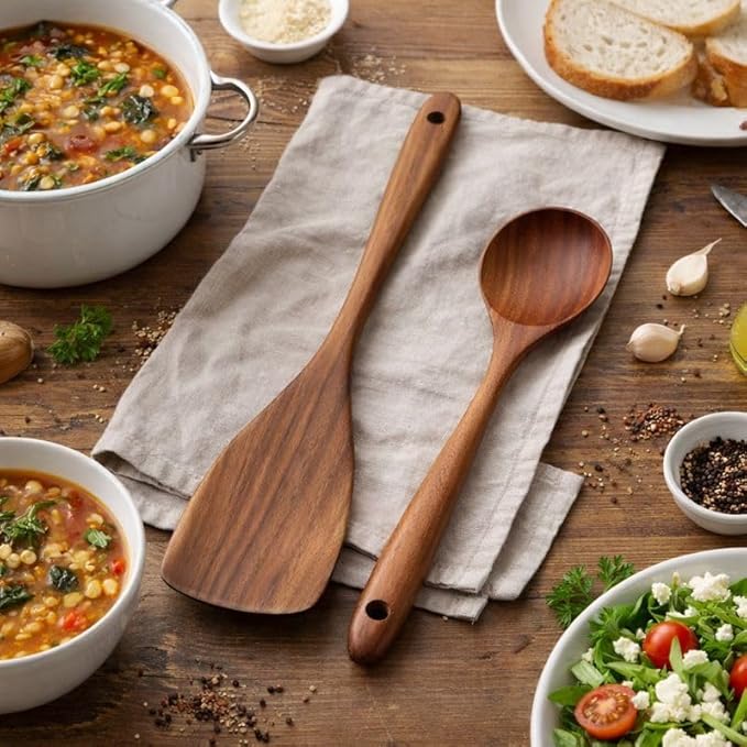 2 Piece Teak Wood Utensil Set - Handmade Spatula and Serving Spoon for Nonstick Cookware - Heat-Resistant & Non-Toxic Wooden Cooking Utensils - Essential Kitchen Gift Set