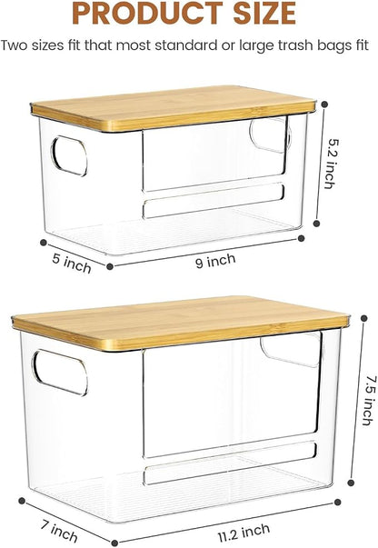 Trash Bag Dispenser 2 Pack (XL+S) - Acrylic Garbage Bags Dispenser with Bamboo Top, Trash Bag Holder Under Sink for Pantry, Kitchen, Laundry Room, Cabinet