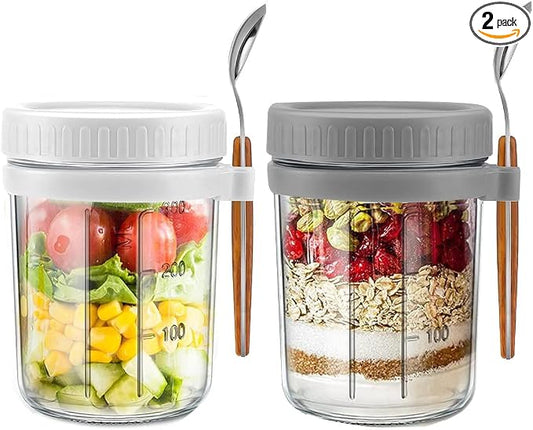 Overnight Oats Container - Yogurt Oatmeal Glass Canning with Lids and Spoon, 10 oz Cereals, Milk, Fruit Salad, with Measurement Marks (White+grey)