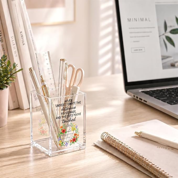 Never Underestimate The Difference You’ve Made Acrylic Pencil Holder Cup, Appreciation Gifts for Teacher, Home Office Desk Organizer, Floral Pen Holder for School Classroom, Teacher's Day Gifts
