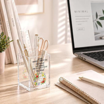 Never Underestimate The Difference You’ve Made Acrylic Pencil Holder Cup, Appreciation Gifts for Teacher, Home Office Desk Organizer, Floral Pen Holder for School Classroom, Teacher's Day Gifts