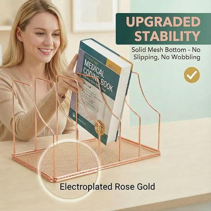 Rose Gold Binder Organizer for Desk, 5 Slot Metal Wire Vertical File Sorter with Mesh Bottom, Desktop Magazine Holder Rack for 2 Inch Binders, Medical Coding Books, Vinyl Records, 12.1"