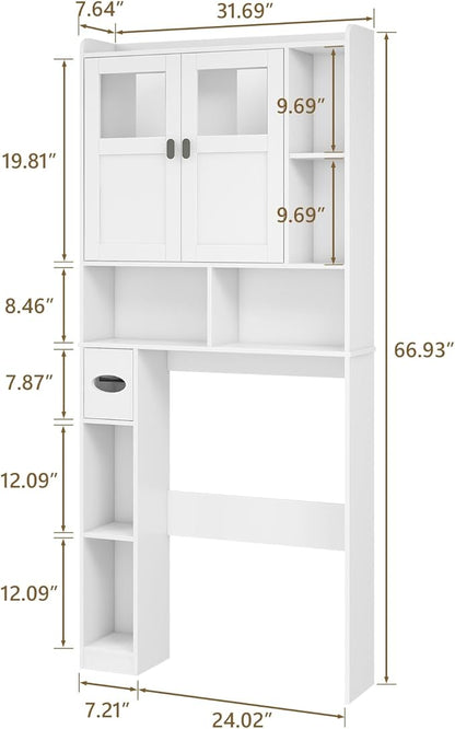 Vabches Over The Toilet Storage Cabinet, Bathroom Shelf Over Toilet with Glass Doors and Adjustable Shelves, White Freestanding Home Space Save Toilet Rack for Restroom, Bathroom, Laundry