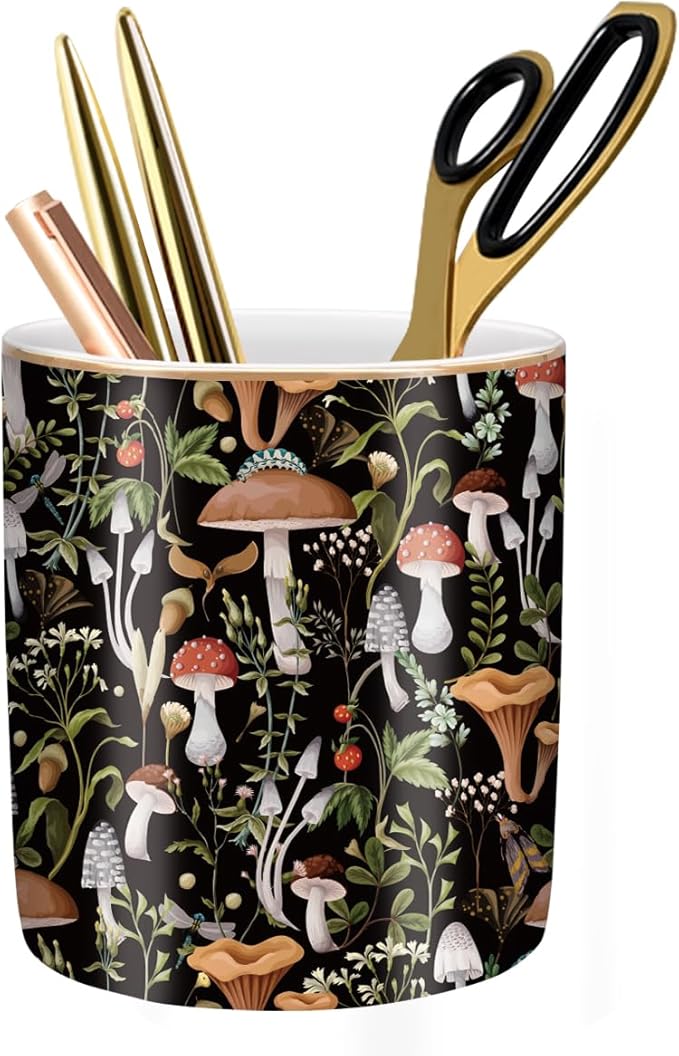 WAVEYU Pen Pencil Holder for Desk, Ceramic Pen Cup Cute Makeup Brush Holder, Unique Desk Multifunctional Pens Organizer for Home, Office, Mushrooms Pattern